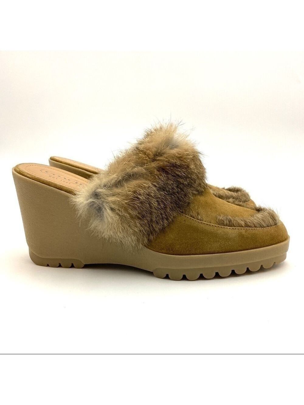COACH Kaela Rabbit Fur Platform Tan Wedge Mule Clog Heels Italy Women's 11B